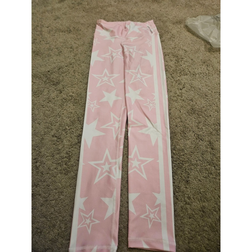 Bad Birdie Womens Pink White Star Print High Waisted Athletic Leggings